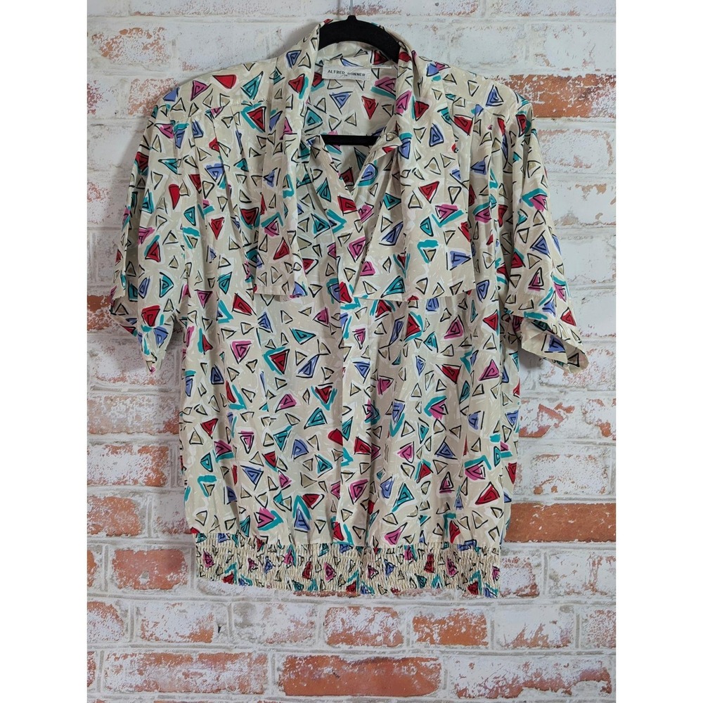 Alfred Dunner Blouse‎ Womens 16 Multicolor Geometric Smocked Waist Vintage 80s